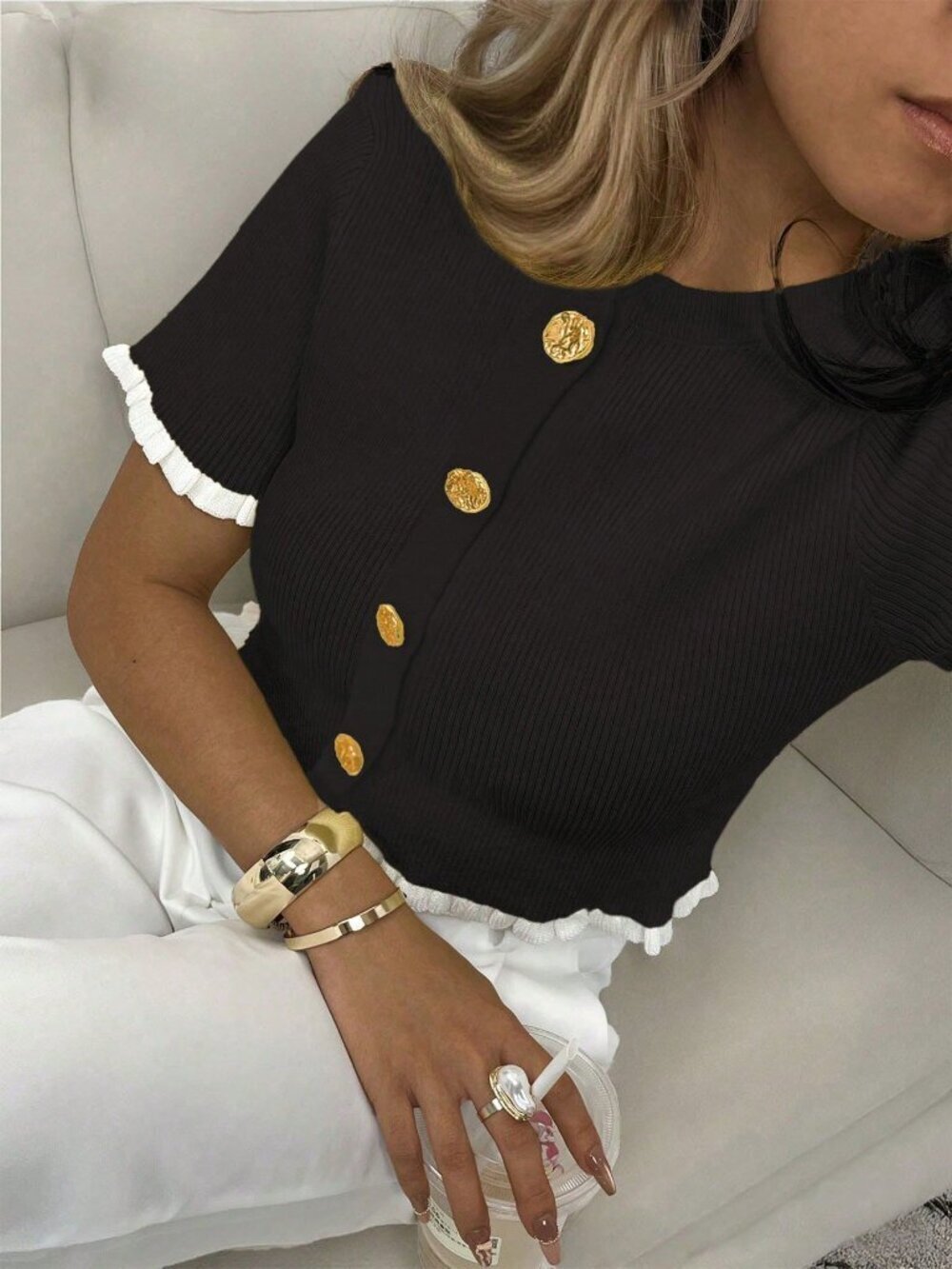 Black Casual Women's Button Ear Design Short Sleeve Knit Top - Picture 4 of 6